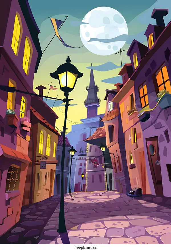 Night Street View in European City with Full Moon