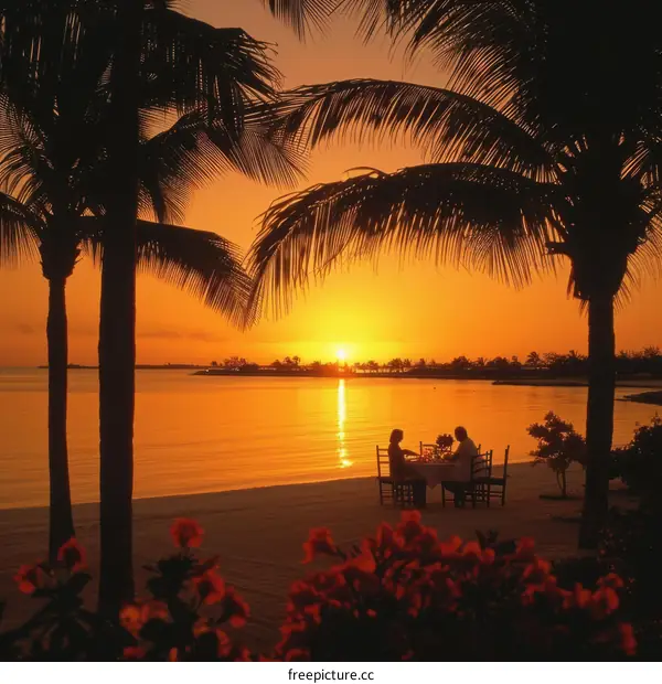 A romantic dinner on the beach at sunset with palm trees