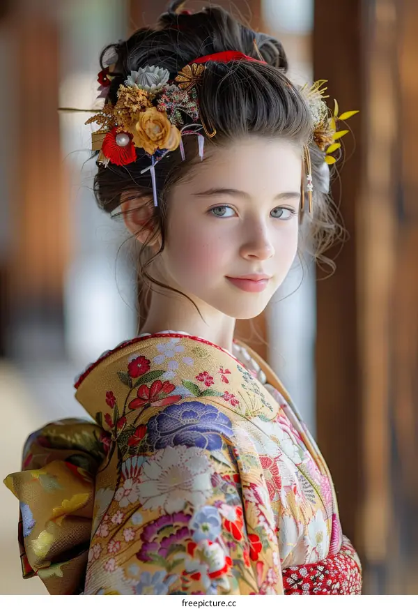 Young Girl in Traditional Japanese Kimono