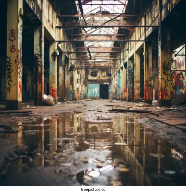 An abandoned and flooded factory building with graffiti on the walls
