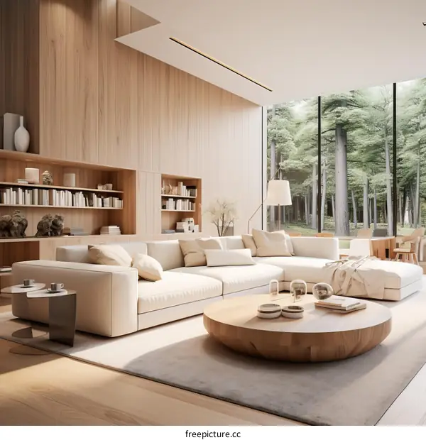 Bright and Airy Living Room With Modern Furnishings and Forest Views