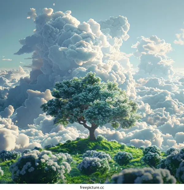 A Dreamy Treetop Among Fluffy Clouds
