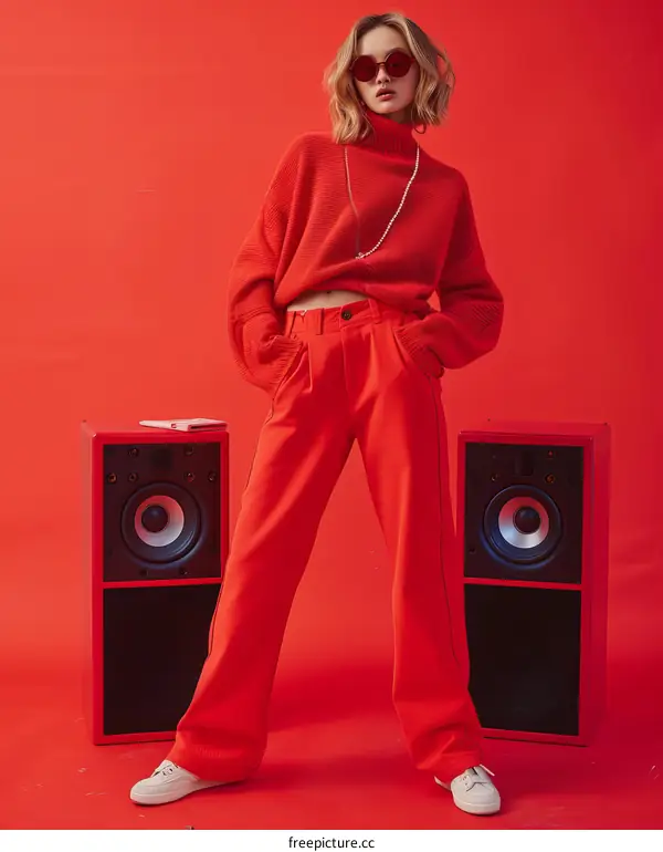 red clothing fashion model with speakers