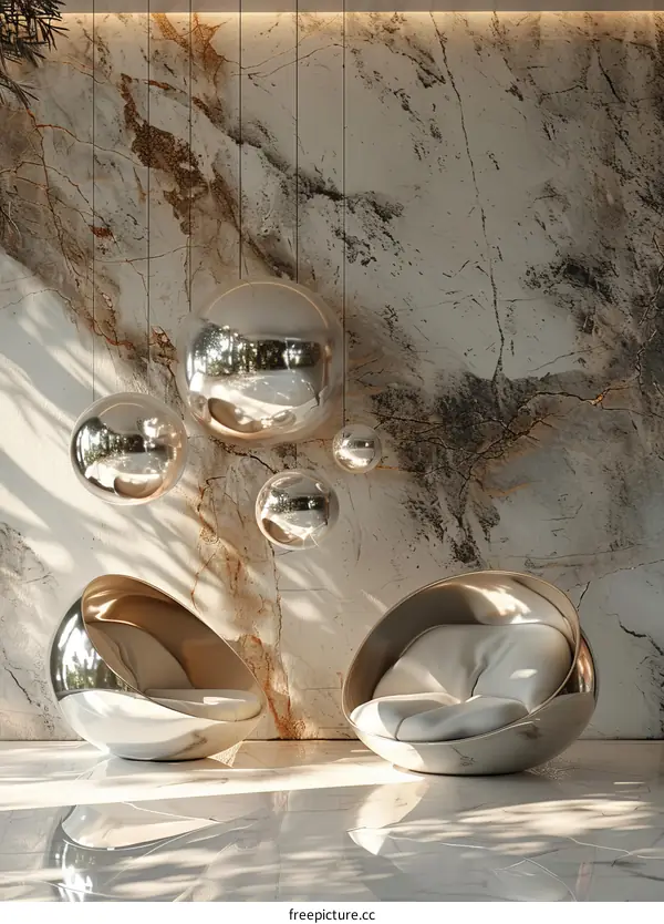 Modern Minimalist Interior Design with Marble Wall and Hanging Spheres