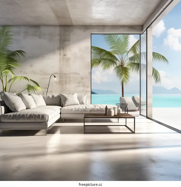 Modern minimalist bright living room interior with big windows and ocean view