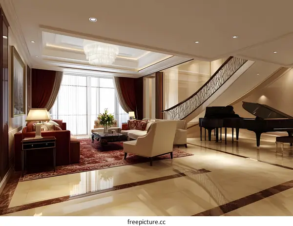 Modern Luxury Living Room Interior Design with Piano and Chandelier