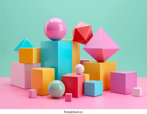 Colorful 3D shapes on pink and green background