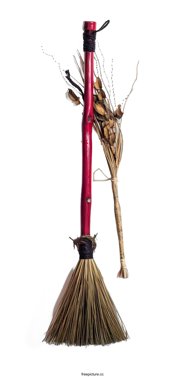 [Transparent Background PNG]Red Handle Broom With Twine and Dried Plants