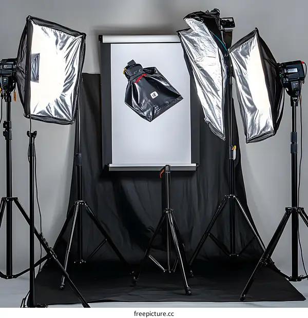 Product Photography Setup with Three Softboxes and a Black Background