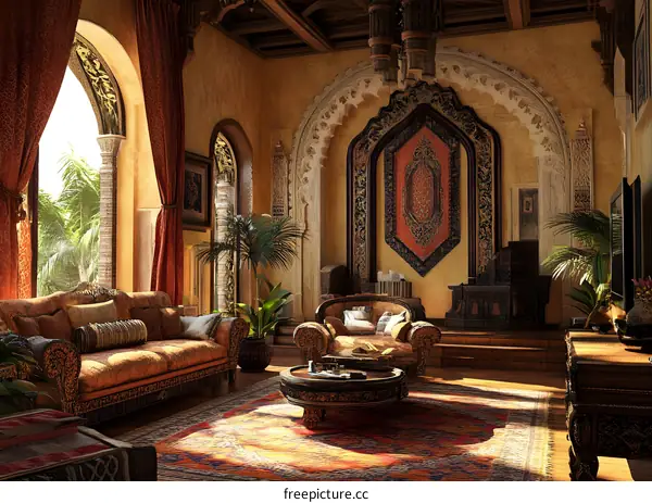 Interior Design of a Moroccan Living Room with a Large Rug on the Wall