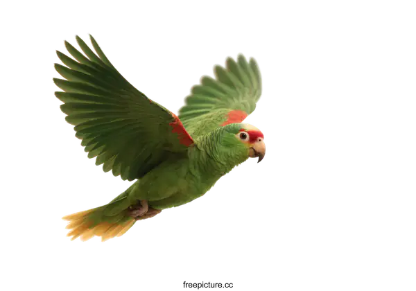 [Transparent Background PNG]Green Parrot in Flight Against White Background