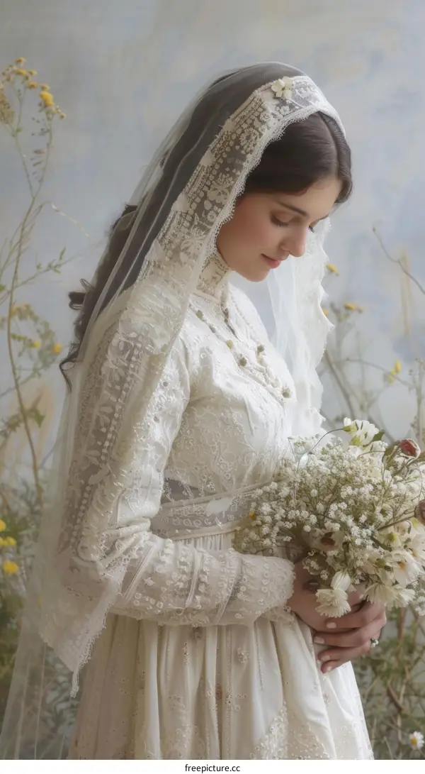 A beautiful young woman in a white dress is holding a bouquet of flowers.