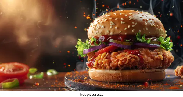 Crispy fried chicken sandwich with lettuce, tomato, onion, and pickles