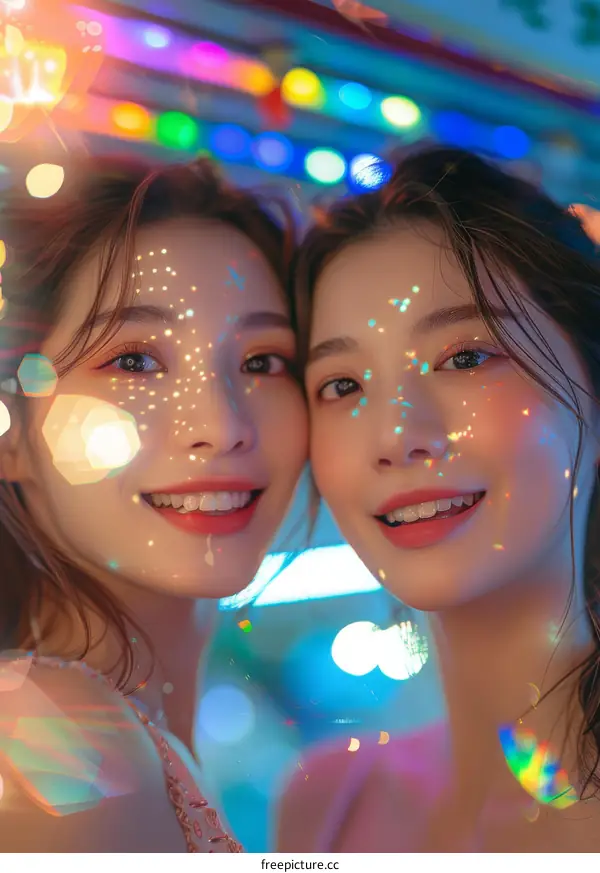 Two Young Asian Women Smiling at the Amusement Park