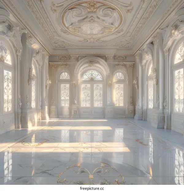Ornate Ballroom with White Marble Floor and Gold Accents