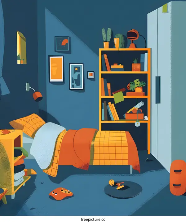 Colorful Illustration of a Messy Bedroom with Bed, Bookshelf and Closet