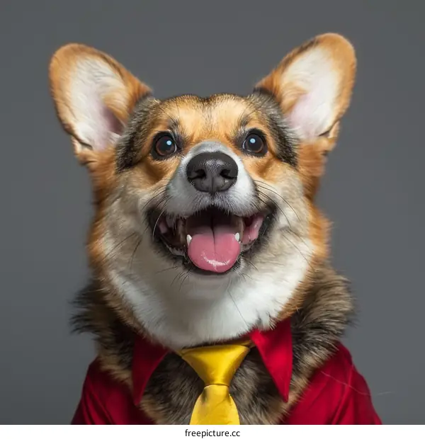 A happy corgi wearing a red shirt and yellow tie