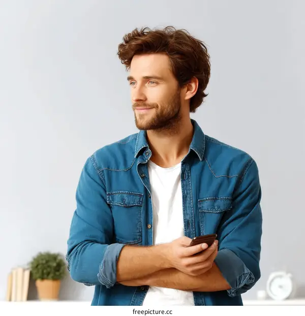 Caucasian Man Holding Smartphone Casual Portrait