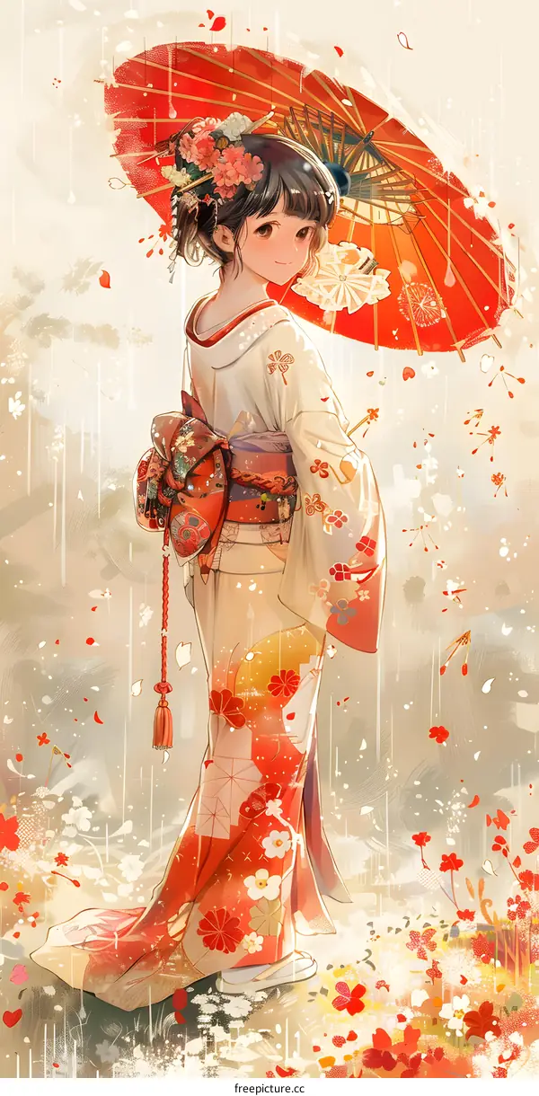 Japanese Girl in Kimono Holding Red Umbrella in the Rain