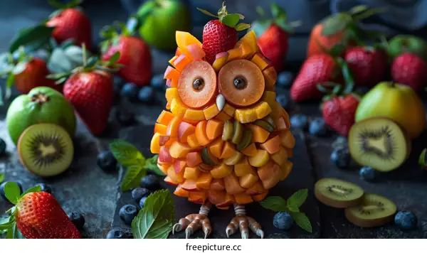 A cute owl made of fruits