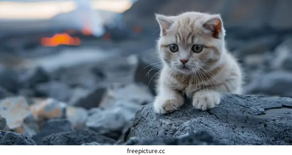 A kitten on the rocks near a lava flow