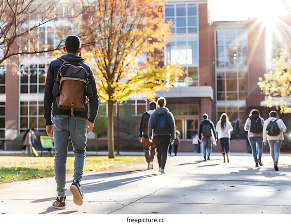 Students Walking on College Campus in Autumn