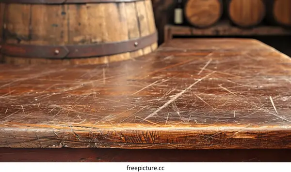 Old wooden table with scratches and a barrel in the background