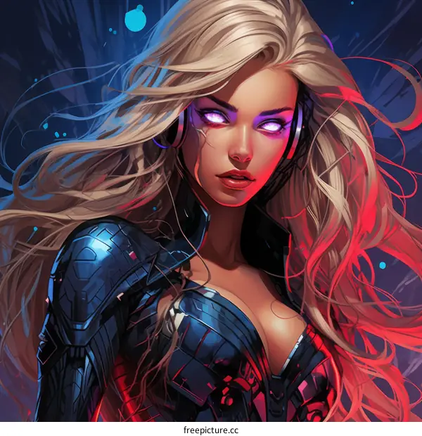 Futuristic Blonde Woman with Purple Eyes in Cyber Armor