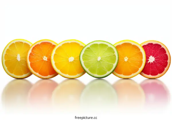 Various citrus fruits including orange, lemon, lime and grapefruit