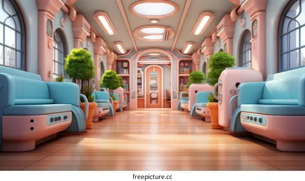 A retro futuristic train interior with pink and blue pastel colors