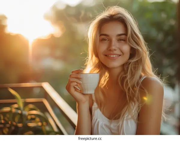 Smiling woman enjoying a cup of coffee in the morning sunlight