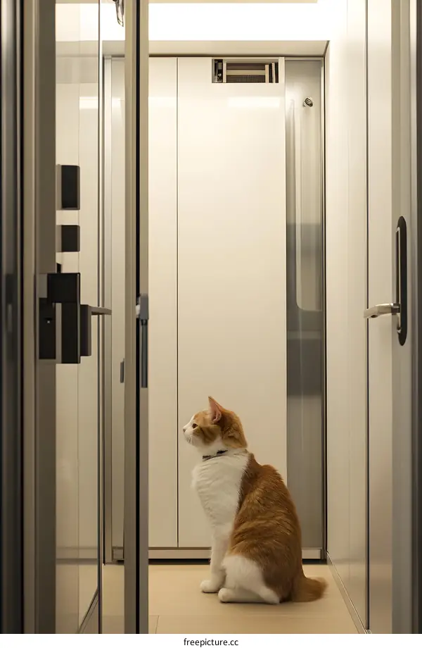 Orange Tabby Cat Sitting in Modern Hallway