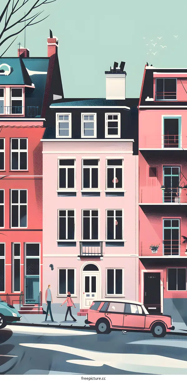 Colorful Illustration of People Walking Past European Style Homes on a Sidewalk