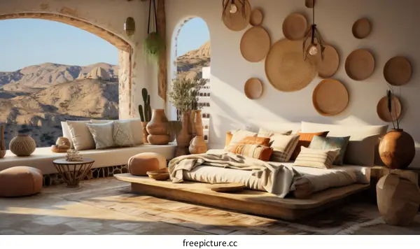 Modern bohemian bedroom interior with a stunning desert view