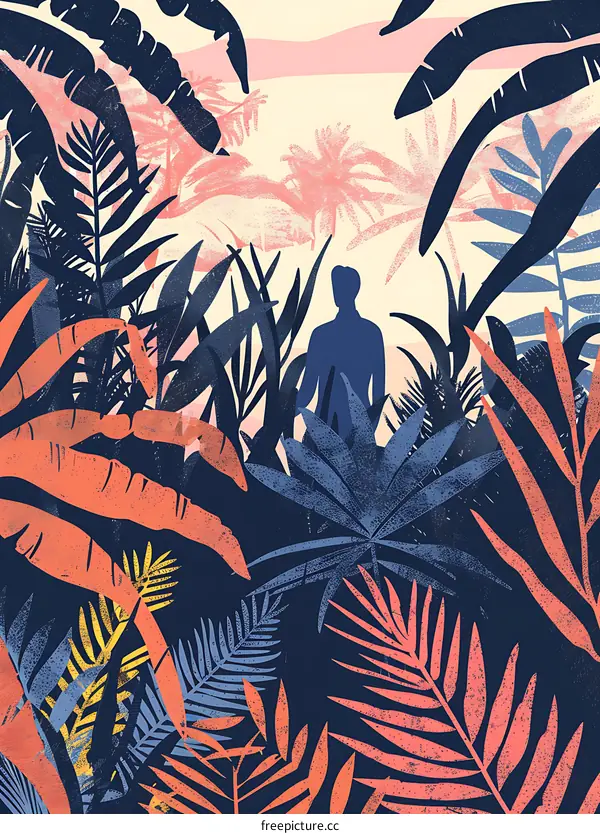 Tropical Jungle Illustration With A Person Standing In The Middle