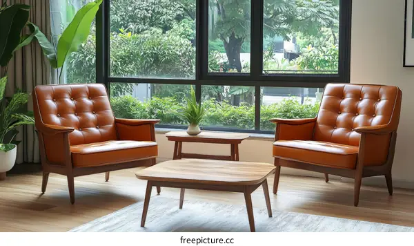 Mid-Century Modern Leather Armchairs and Coffee Table