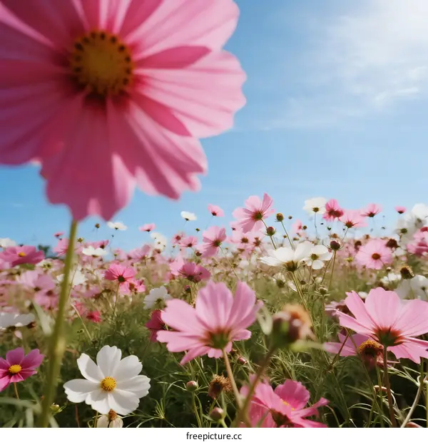 A Field of Vibrant Pink and White Cosmos Flowers Under Blue Sky