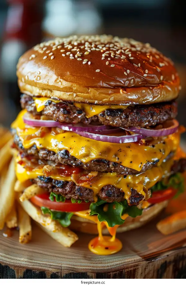 A mouthwatering triple patty cheeseburger with a side of fries