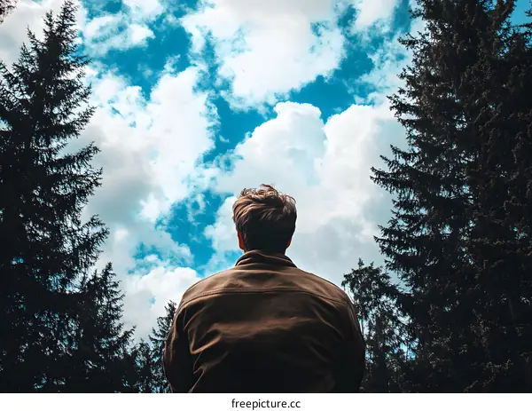 Man Looking Up at the Sky in Forest