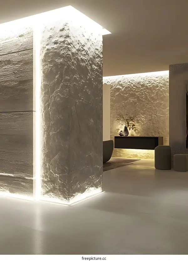 Modern Minimalist Interior Design with Stone Walls and LED Lighting