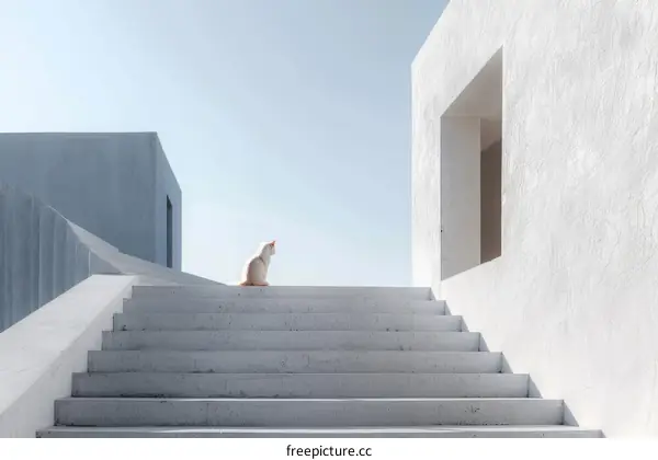 A ginger cat sitting on the top of the stairs