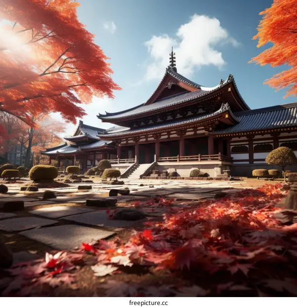 Japanese temple with red maple leaves in autumn