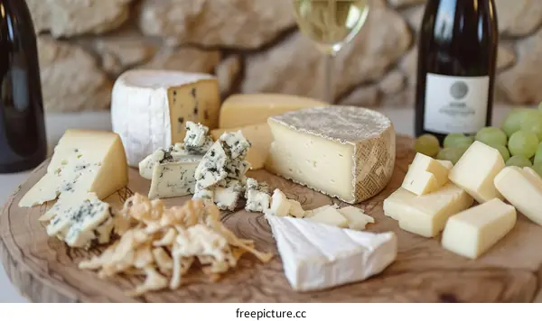 An assortment of cheese on a wooden board with two bottles of wine and some crackers