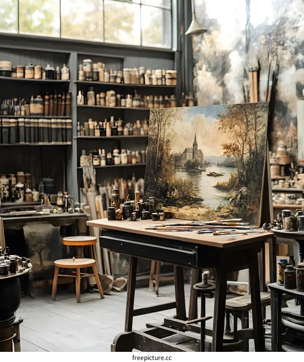 Vintage Artist Studio with Painting and Supplies