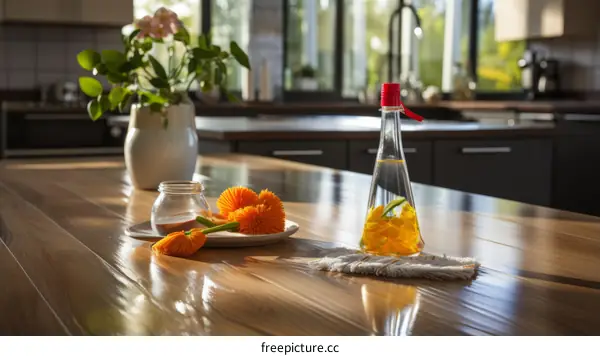 kitchen counter with flowers and essential oil