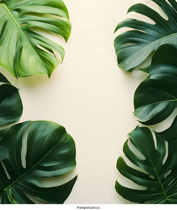 Green Monstera Leaves on a Light Cream Background