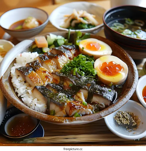A delicious Japanese meal with rice, fish, and egg