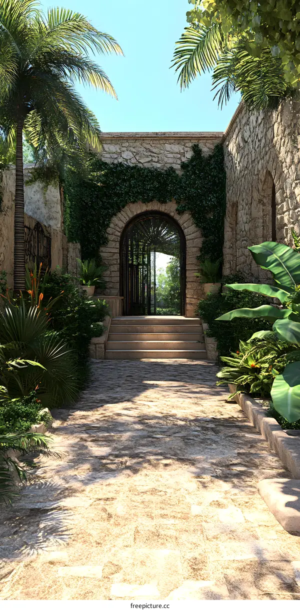 Stone Archway Entrance to a Tropical Garden