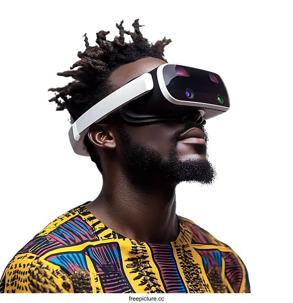 [Transparent Background PNG]African Man Wearing VR Headset Exploring Virtual World