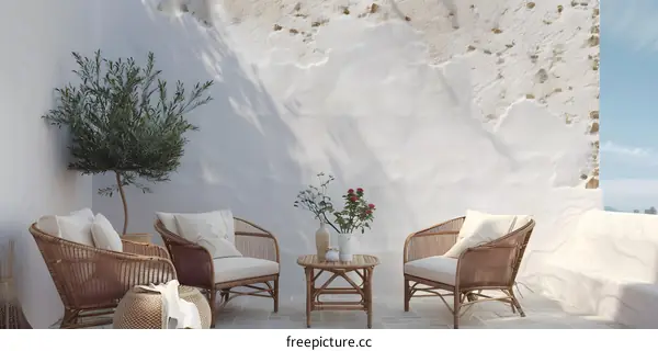 Mediterranean Style Patio With Wicker Furniture